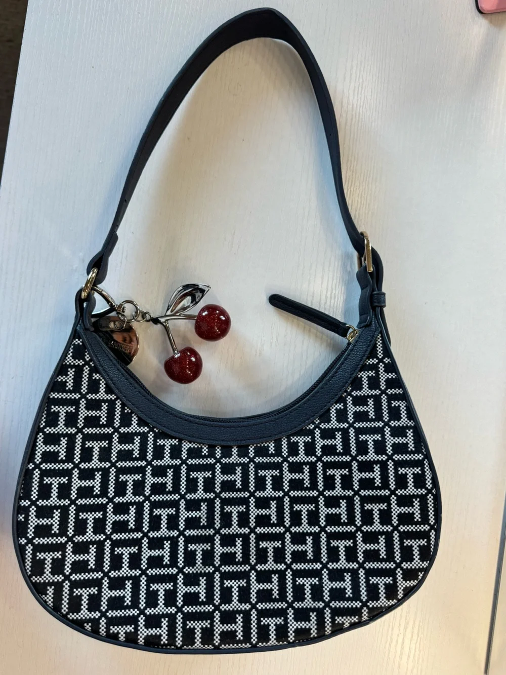Tommy Hilfiger Navy Blue and White Monogram Shoulder Bag with Cherry Charm